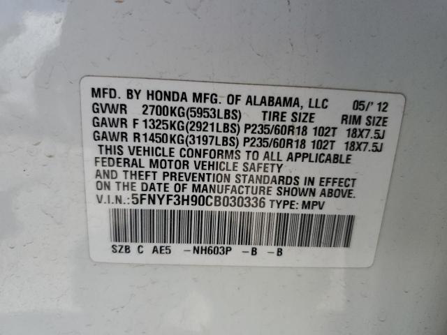 2012 Honda Pilot Touring VIN: 5FNYF3H90CB030336 Lot: 57067544