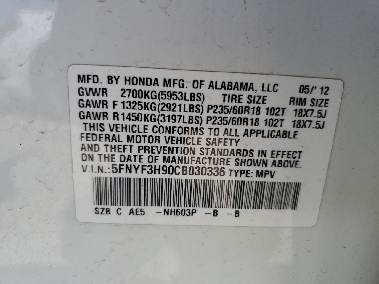 5FNYF3H90CB030336 2012 Honda Pilot Touring