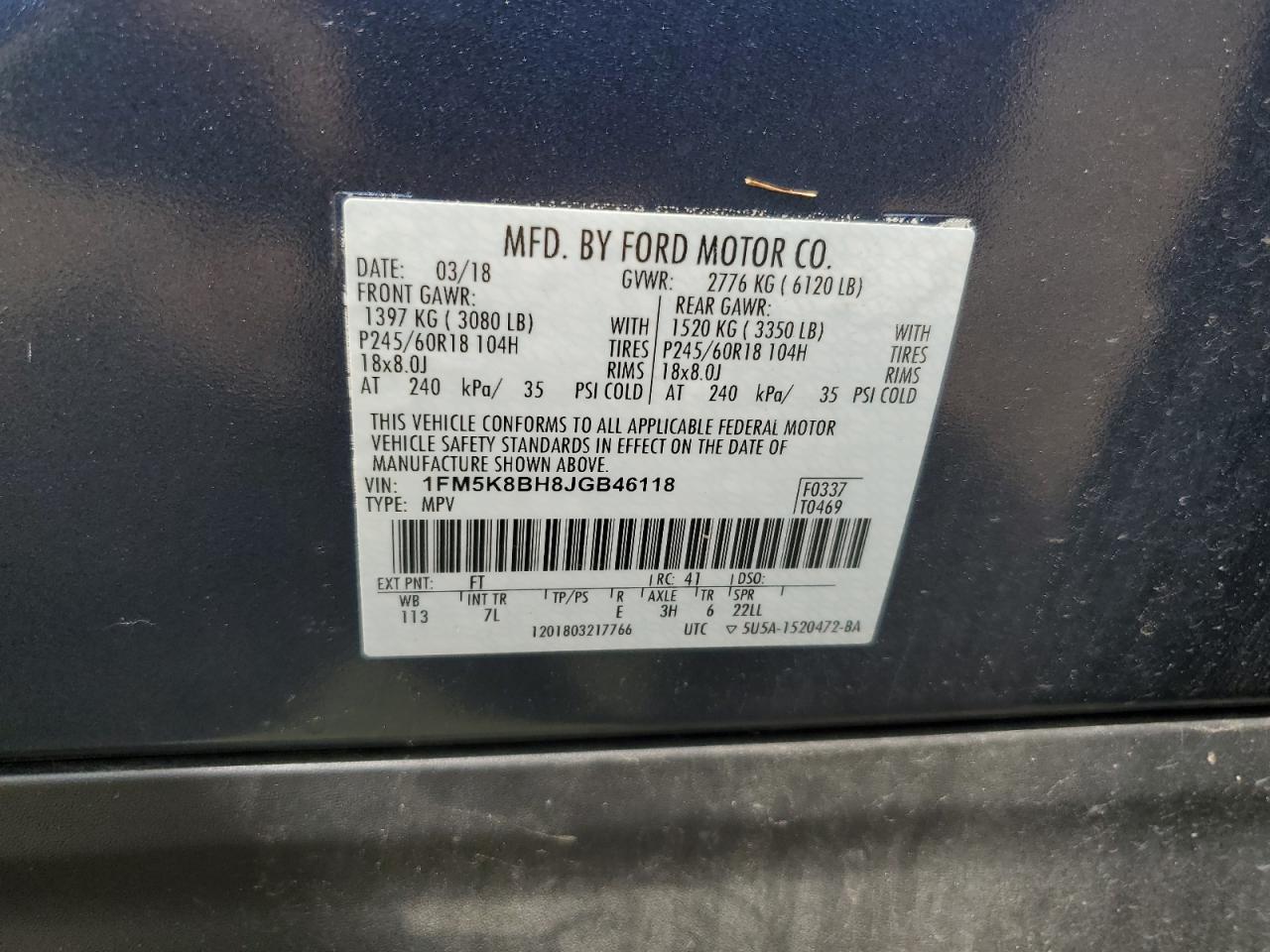 2018 Ford Explorer vin: 1FM5K8BH8JGB46118