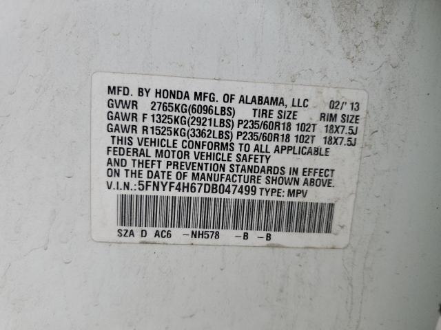 2013 Honda Pilot Exl VIN: 5FNYF4H67DB047499 Lot: 59433644