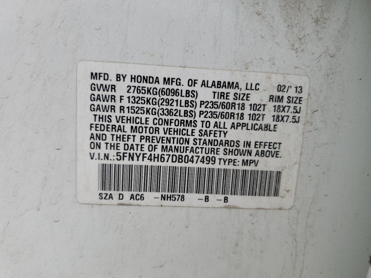 5FNYF4H67DB047499 2013 Honda Pilot Exl