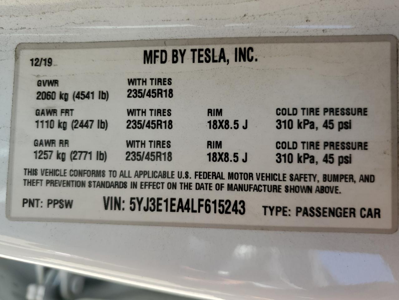 5YJ3E1EA4LF615243 2020 Tesla Model 3