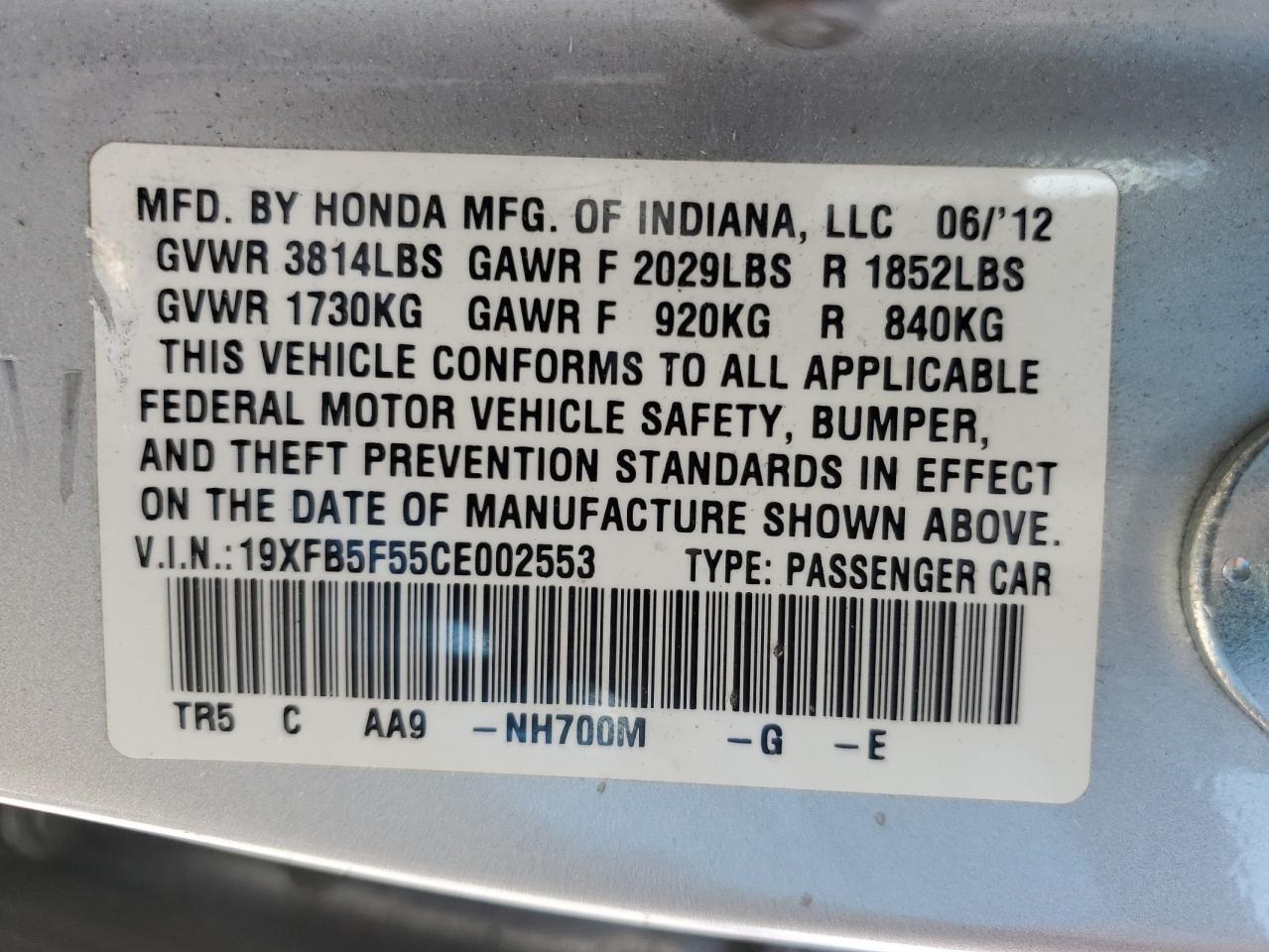 2012 Honda Civic Natural Gas vin: 19XFB5F55CE002553