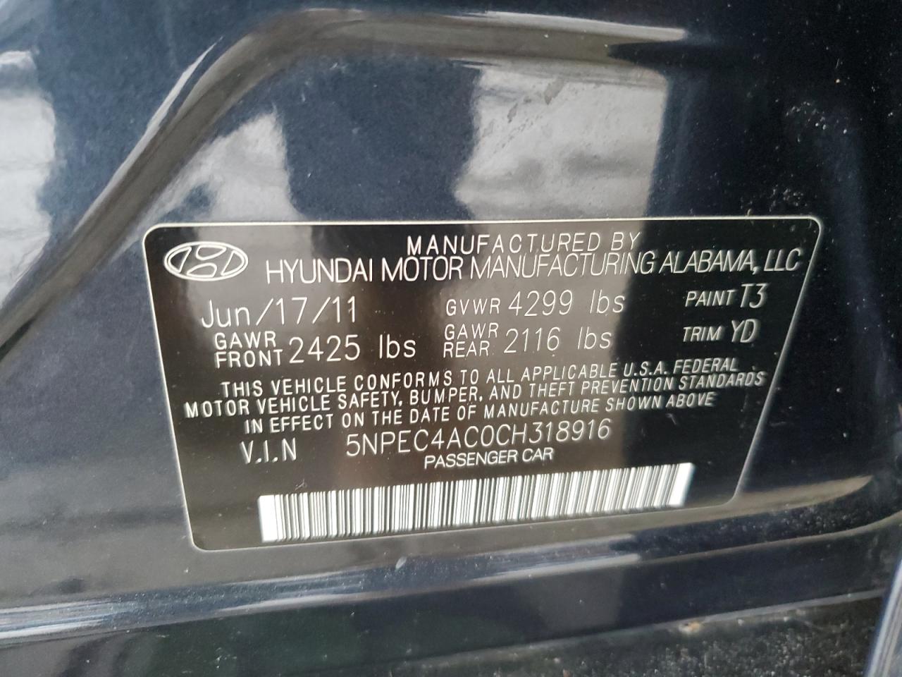 5NPEC4AC0CH318916 2012 Hyundai Sonata Se