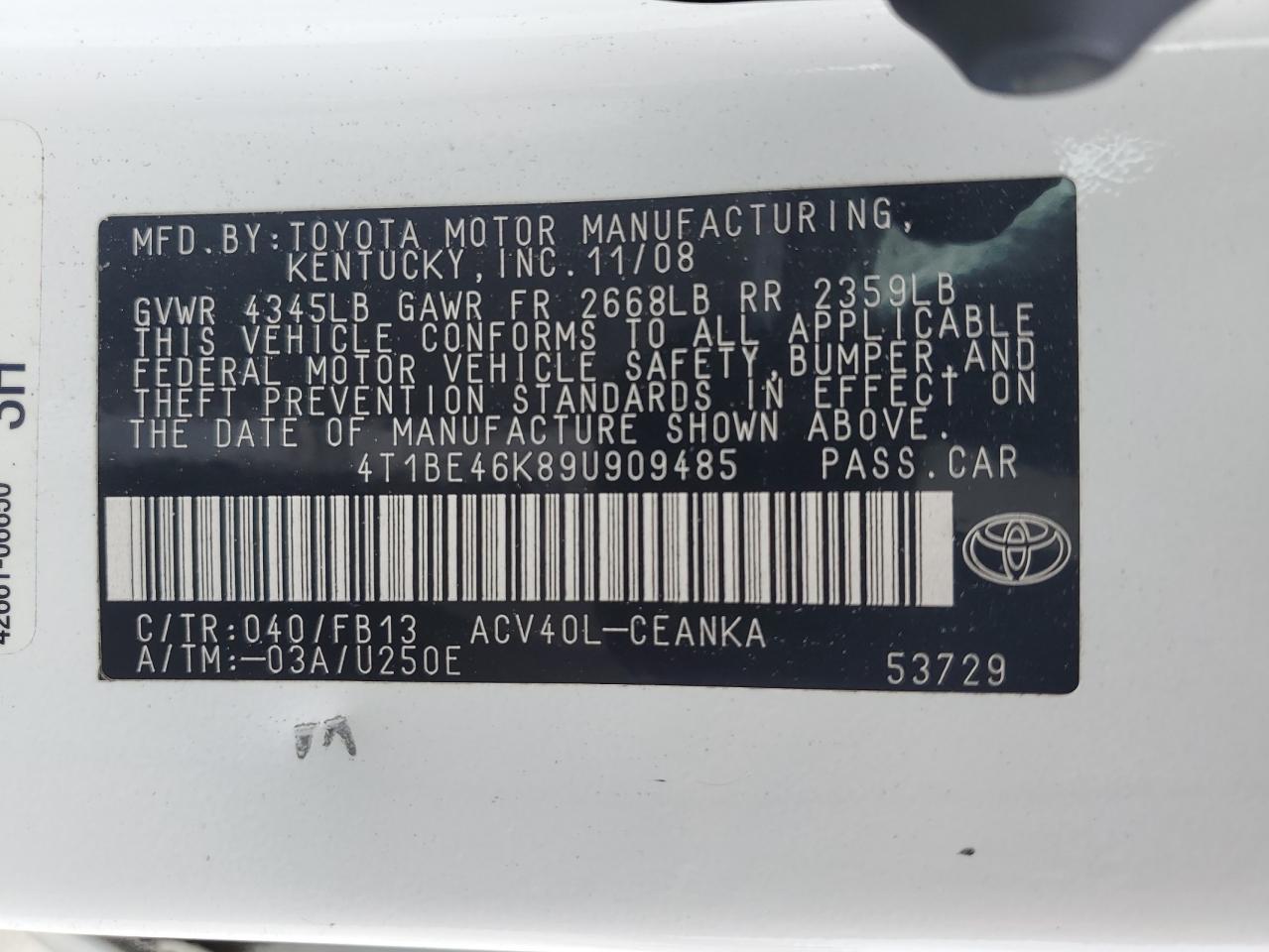 4T1BE46K89U909485 2009 Toyota Camry Base