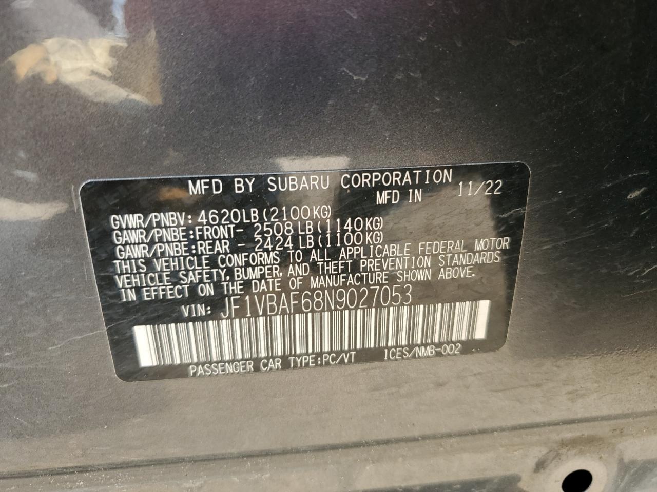 JF1VBAF68N9027053 2022 Subaru Wrx Premium