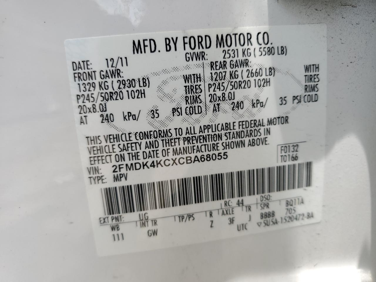 2FMDK4KCXCBA68055 2012 Ford Edge Limited
