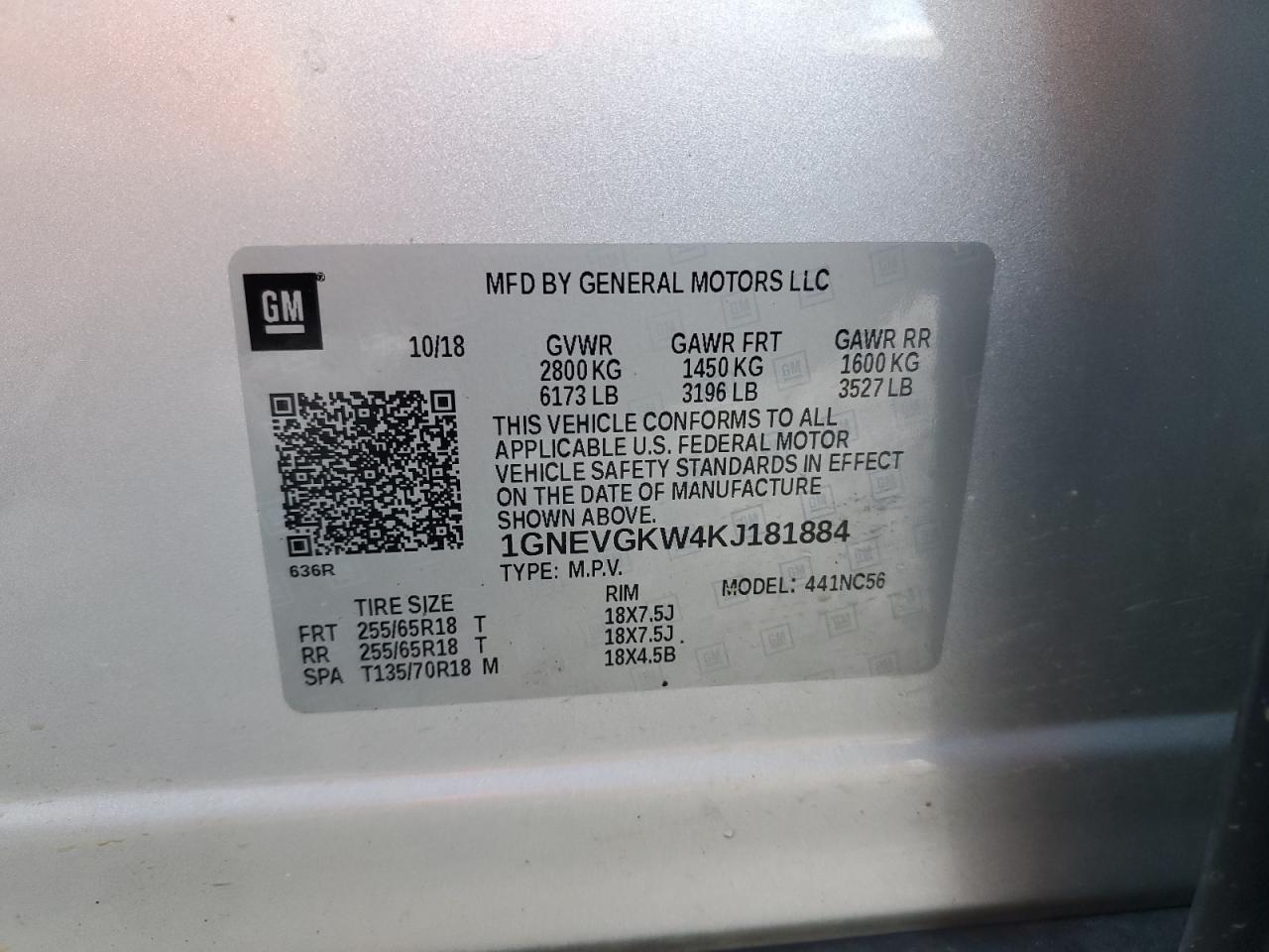 1GNEVGKW4KJ181884 2019 Chevrolet Traverse Lt