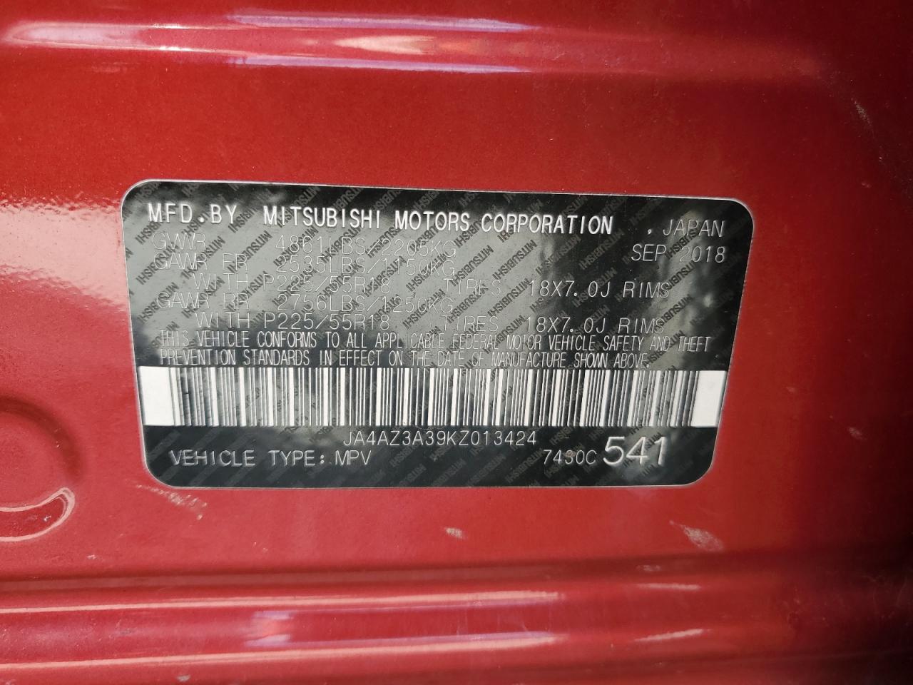 JA4AZ3A39KZ013424 2019 Mitsubishi Outlander Se