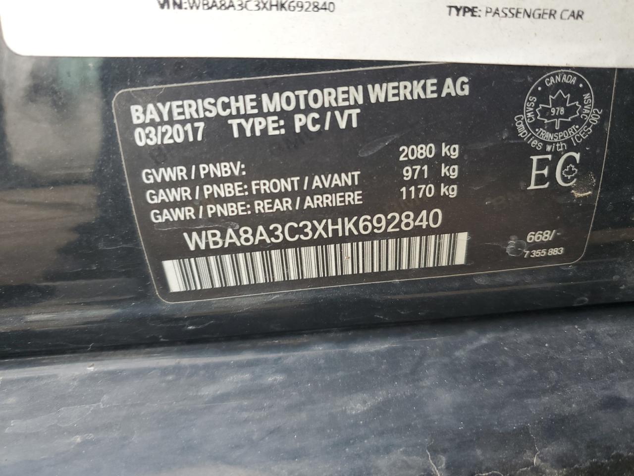 WBA8A3C3XHK692840 2017 BMW 320 Xi