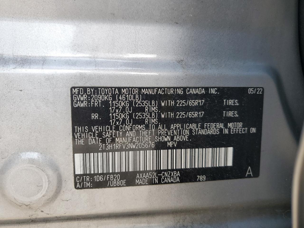 2T3H1RFV3NW205676 2022 Toyota Rav4 Le