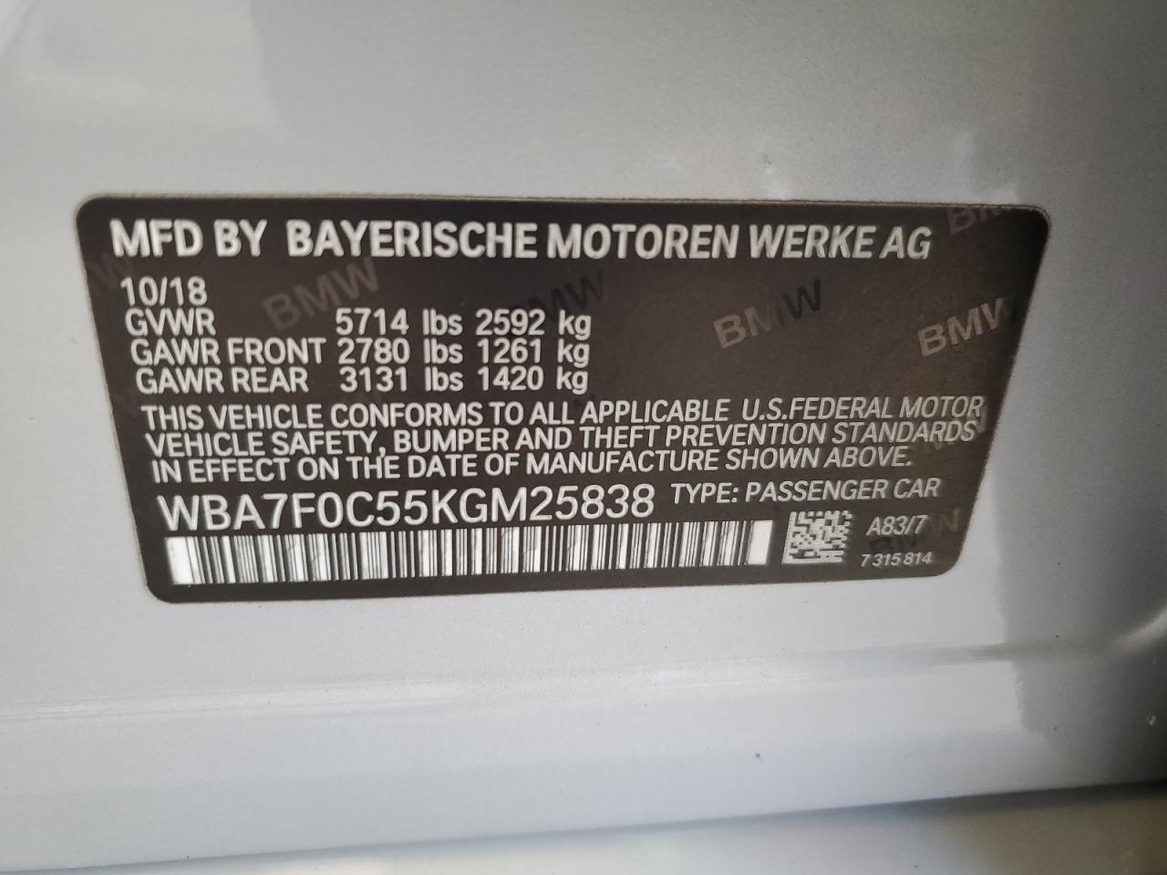 WBA7F0C55KGM25838 2019 BMW 750 I