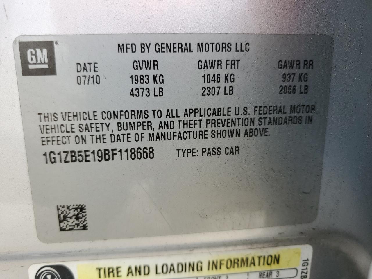 1G1ZB5E19BF118668 2011 Chevrolet Malibu Ls