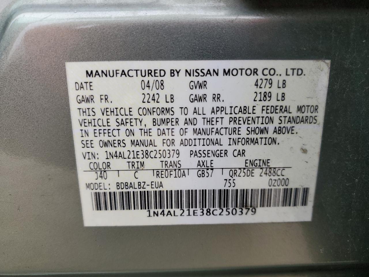 1N4AL21E38C250379 2008 Nissan Altima 2.5