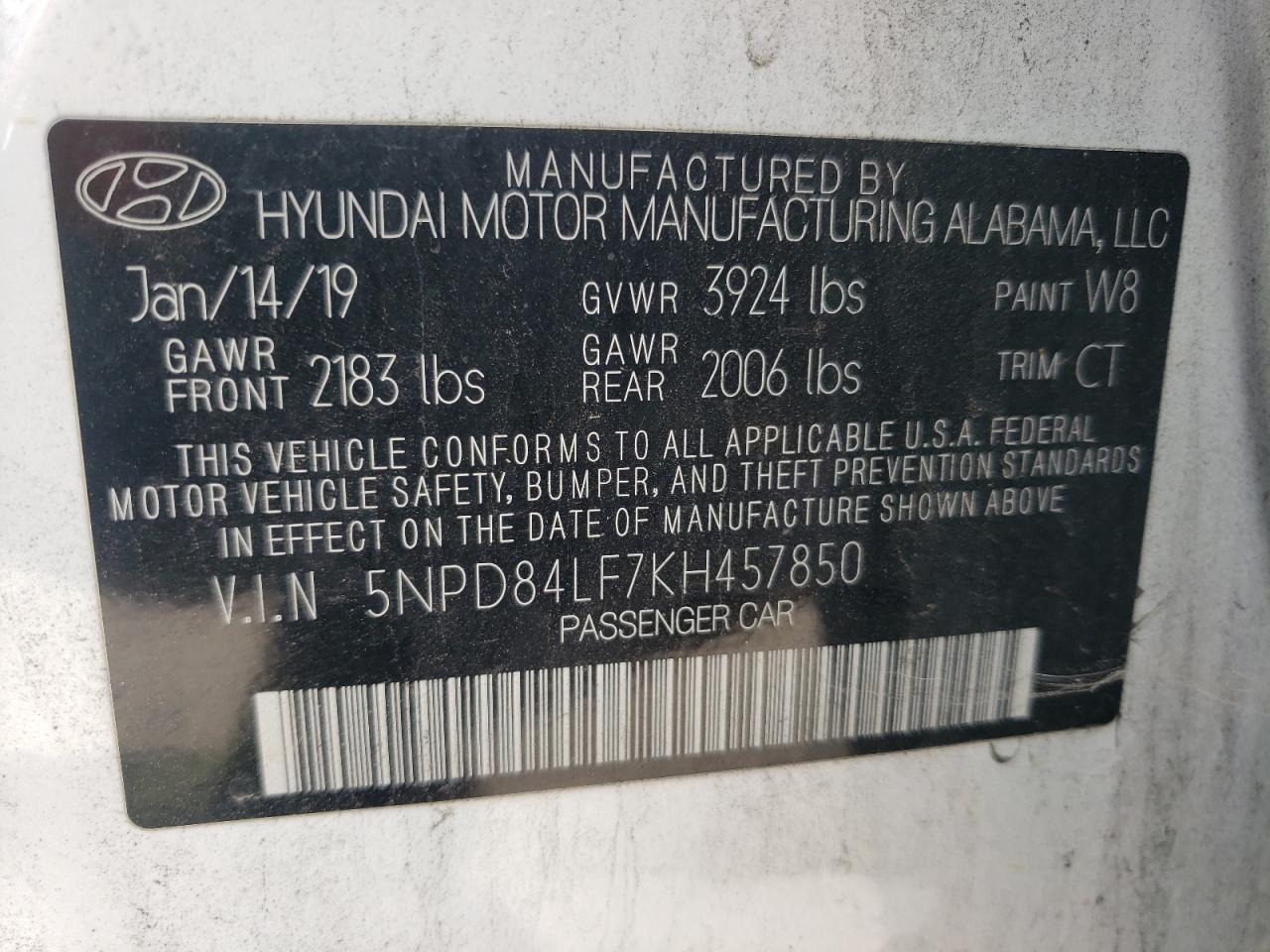 2019 Hyundai Elantra Sel vin: 5NPD84LF7KH457850