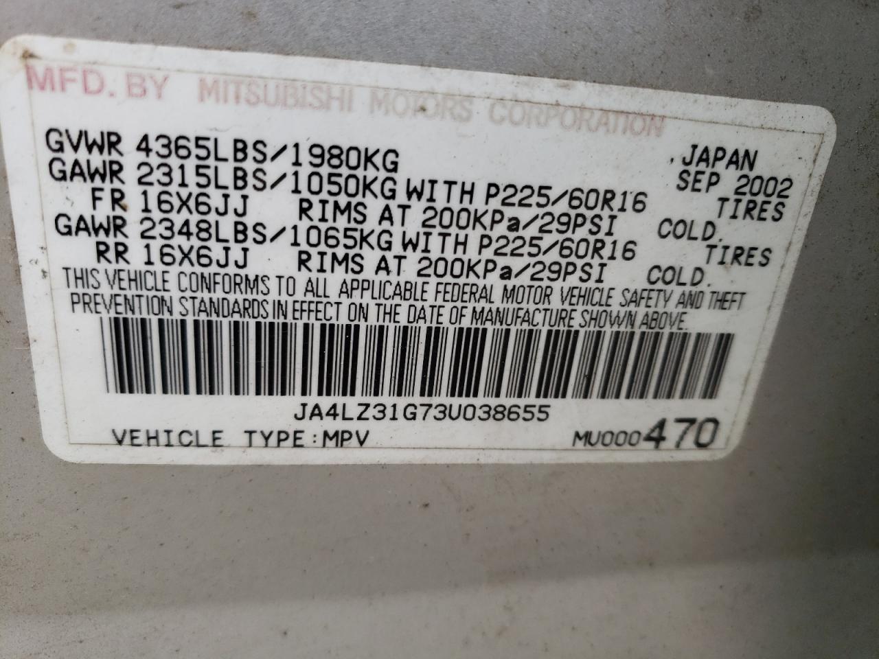 JA4LZ31G73U038655 2003 Mitsubishi Outlander Ls