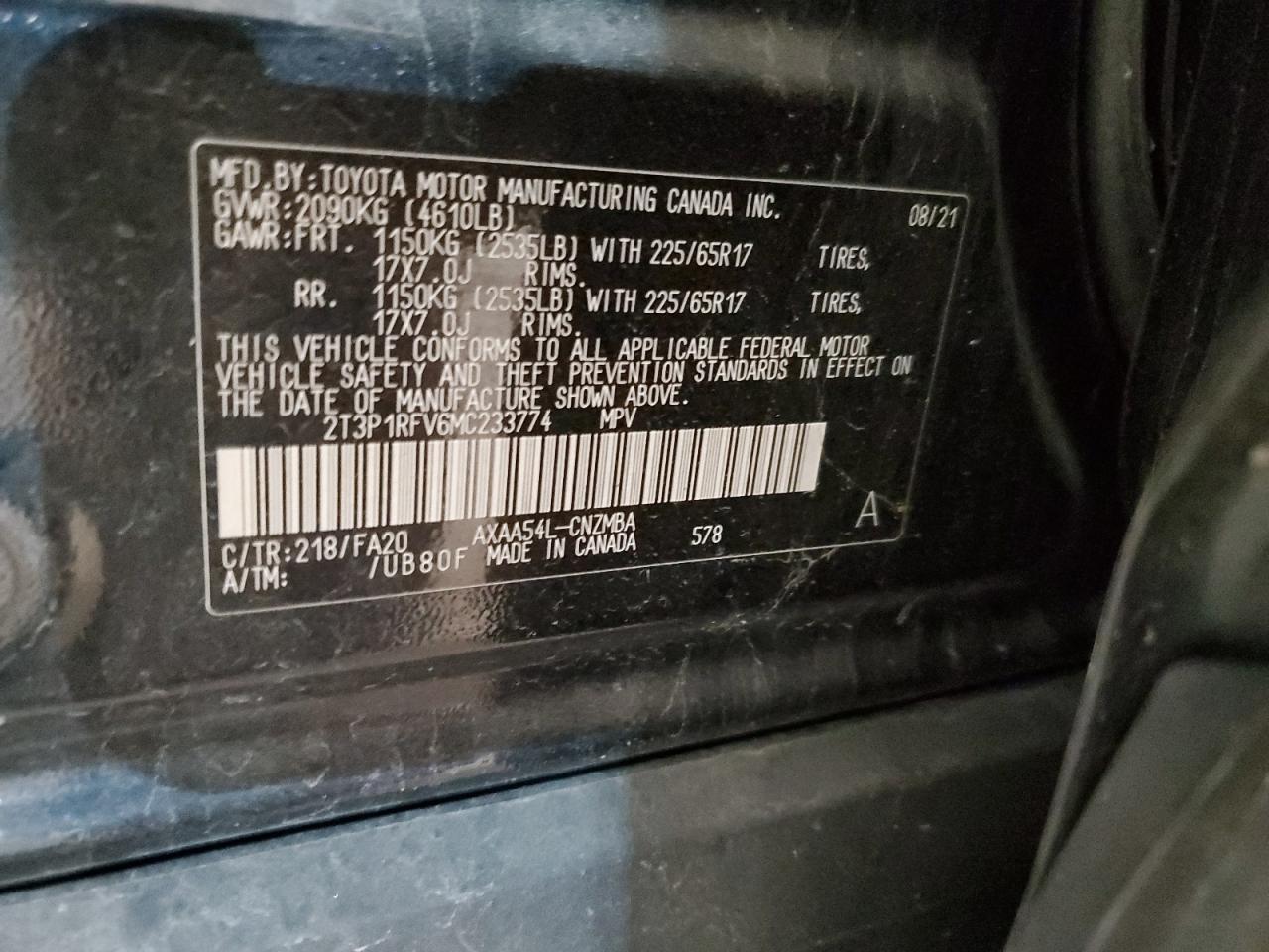 2T3P1RFV6MC233774 2021 Toyota Rav4 Xle