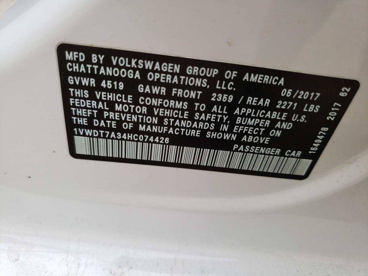 1VWDT7A34HC074426 2017 Volkswagen Passat R-Line