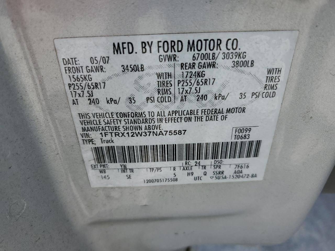 1FTRX12W37NA75587 2007 Ford F150