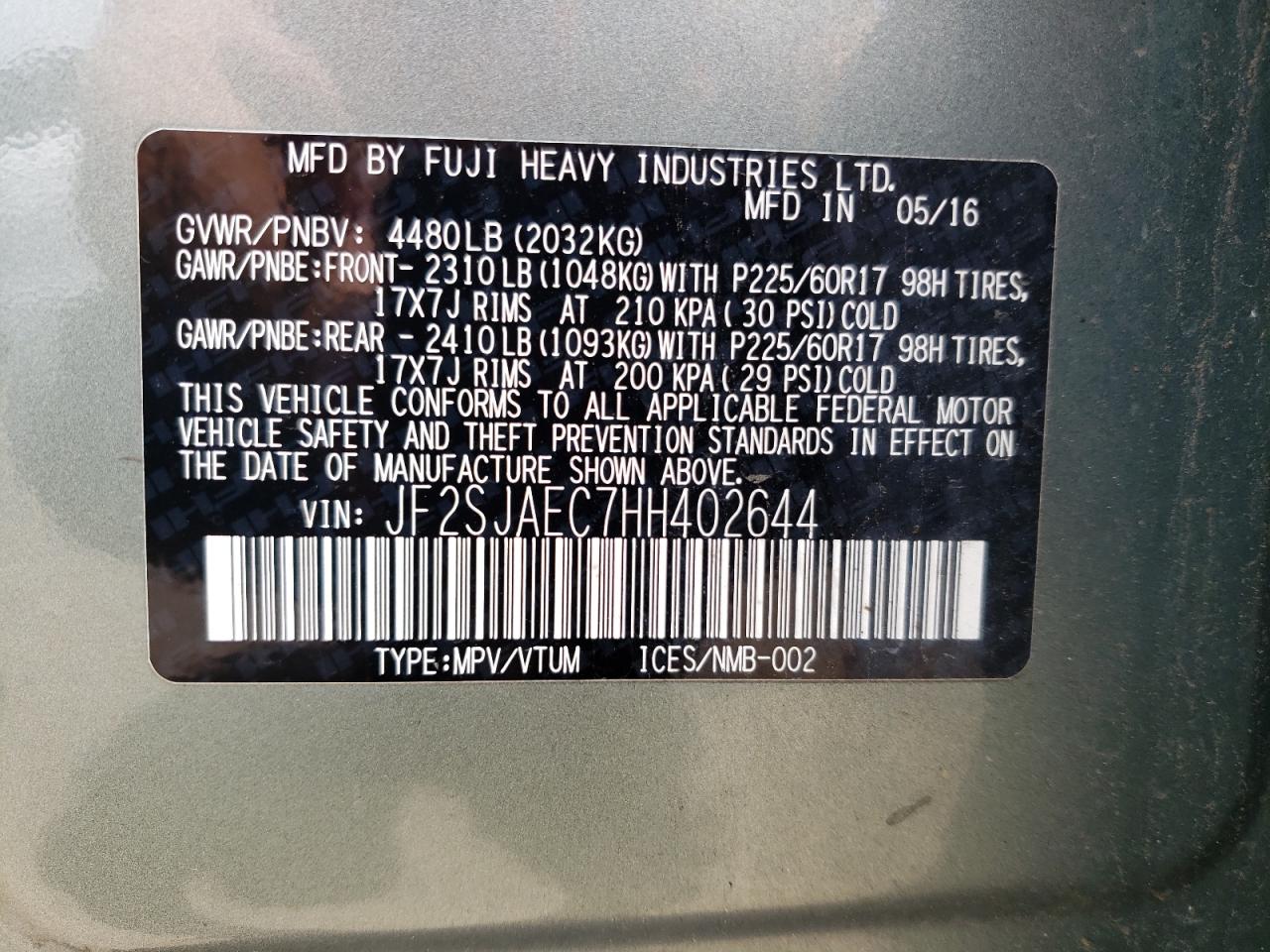 JF2SJAEC7HH402644 2017 Subaru Forester 2.5I Premium