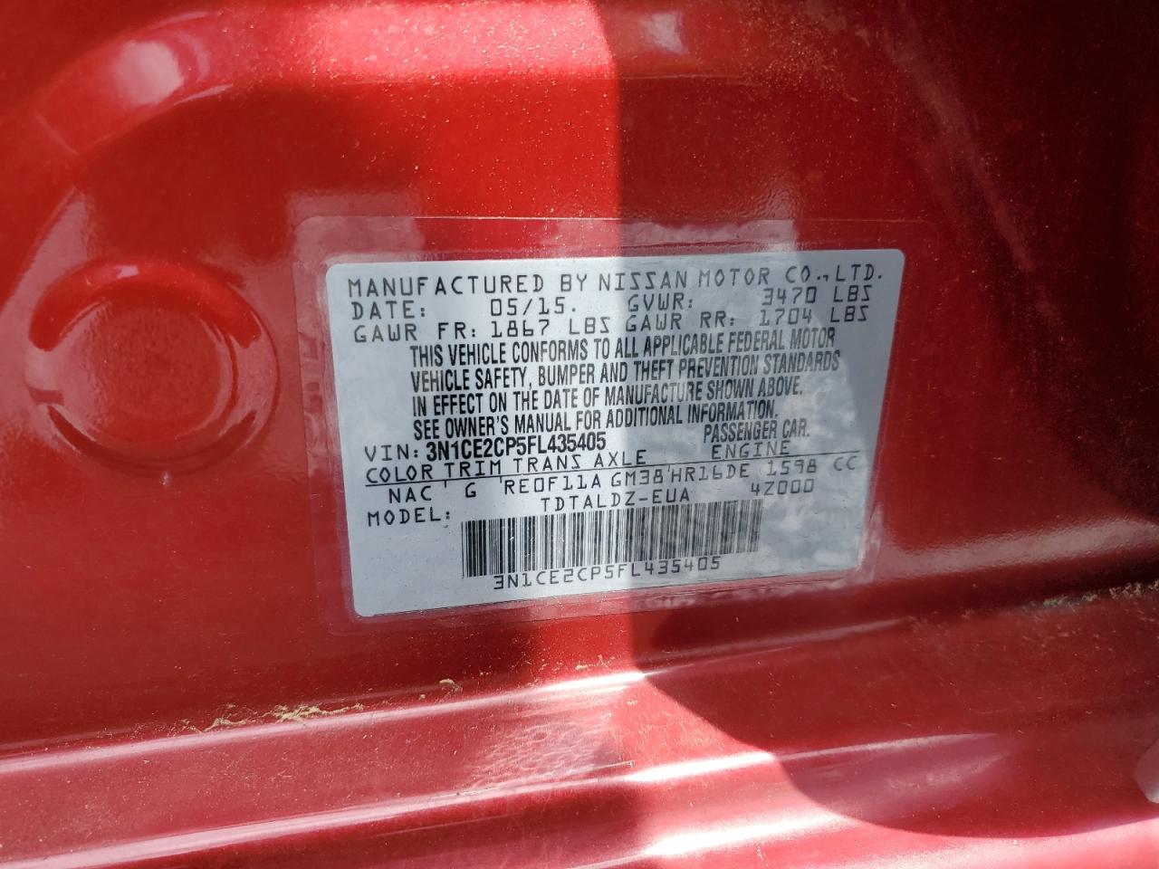 3N1CE2CP5FL435405 2015 Nissan Versa Note S