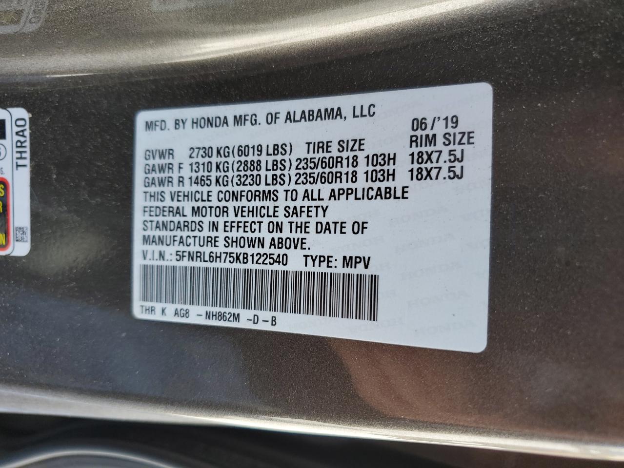 5FNRL6H75KB122540 2019 Honda Odyssey Exl