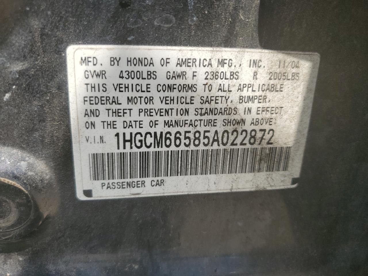 1HGCM66585A022872 2005 Honda Accord Ex