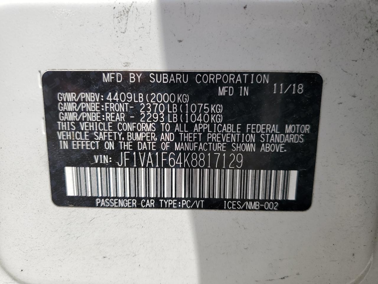 JF1VA1F64K8817129 2019 Subaru Wrx Premium