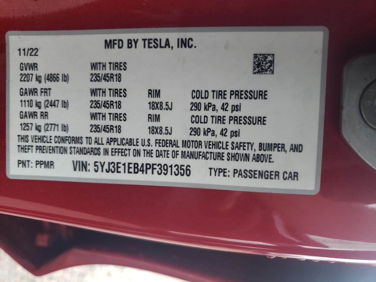 5YJ3E1EB4PF391356 2023 Tesla Model 3