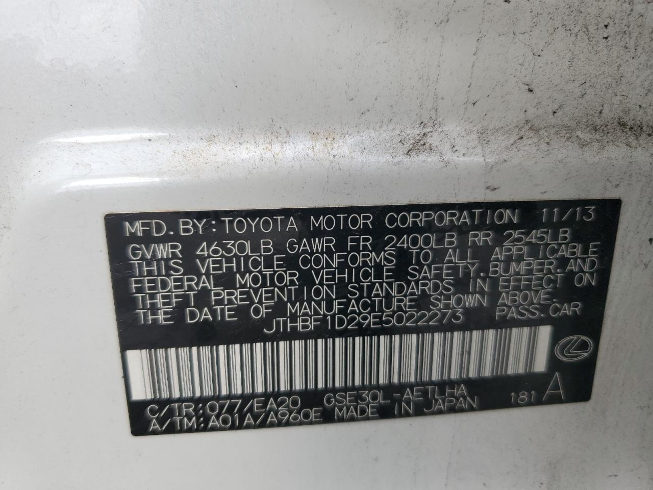 JTHBF1D29E5022273 2014 Lexus Is 250