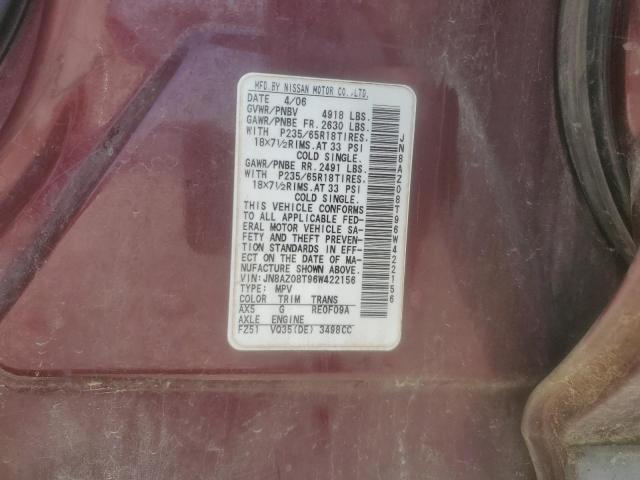 2006 Nissan Murano Sl VIN: JN8AZ08T96W422156 Lot: 60262924