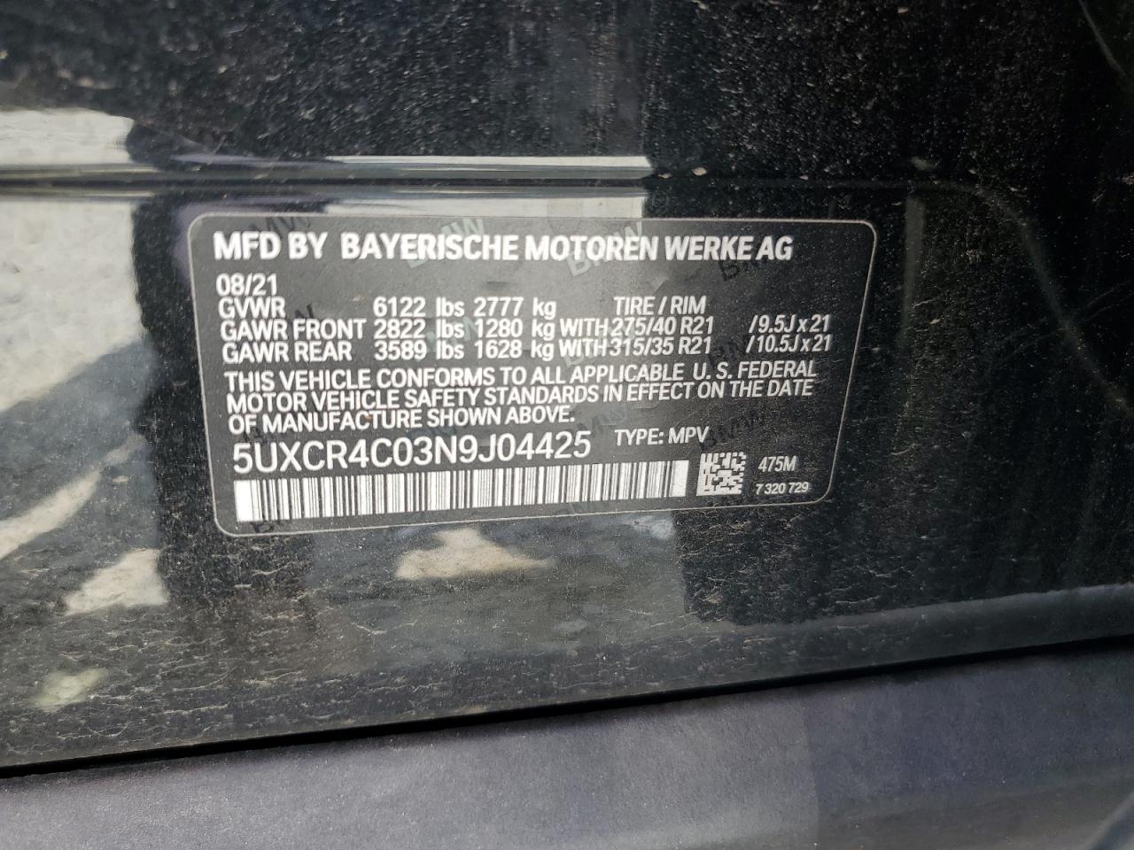 5UXCR4C03N9J04425 2022 BMW X5 Sdrive 40I