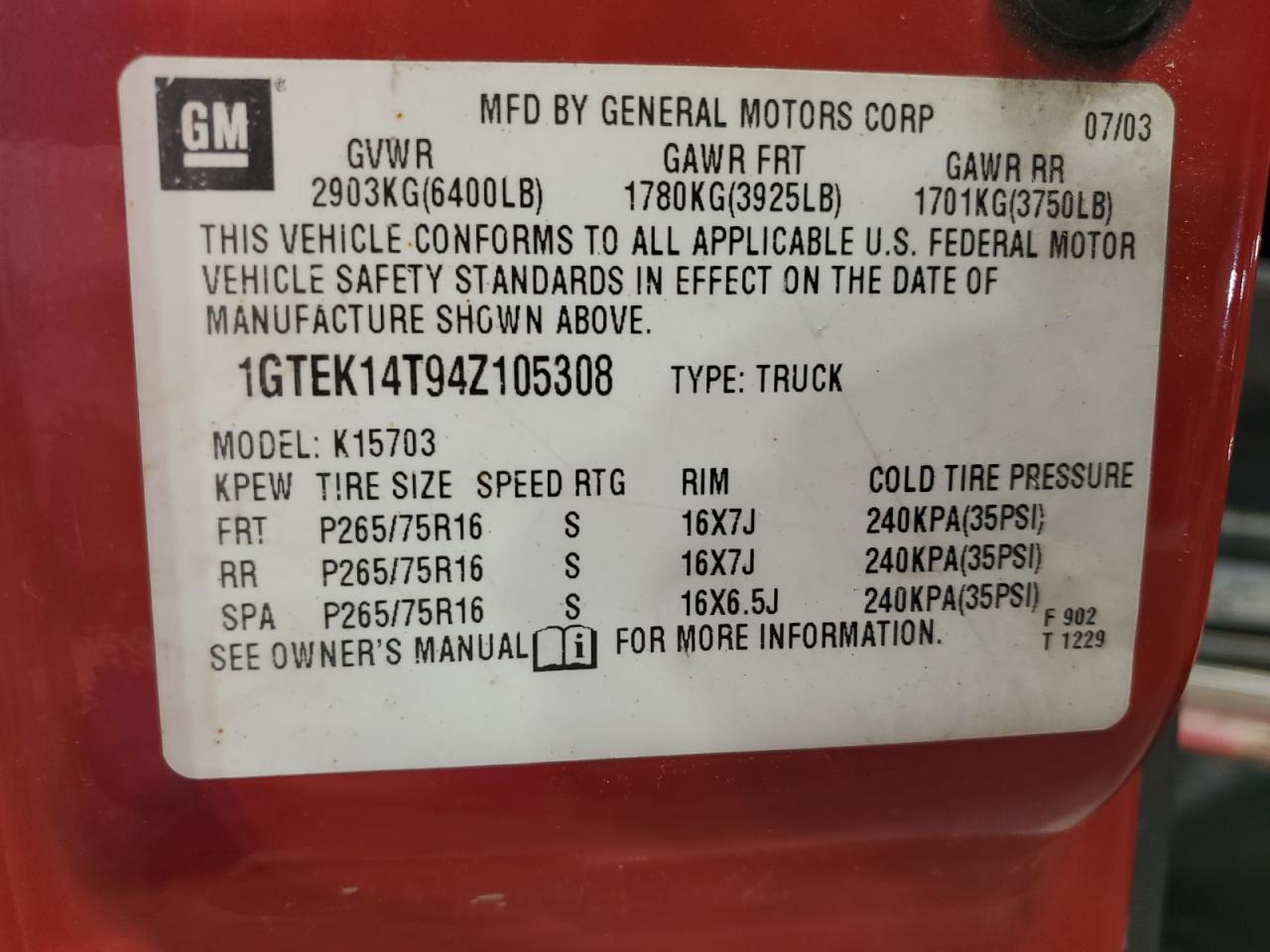 1GTEK14T94Z105308 2004 GMC New Sierra K1500