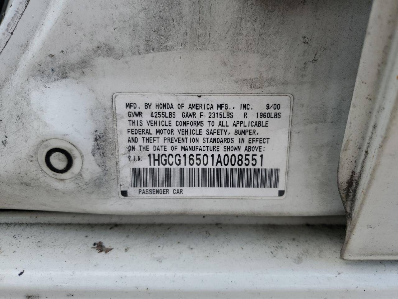 1HGCG16501A008551 2001 Honda Accord Ex