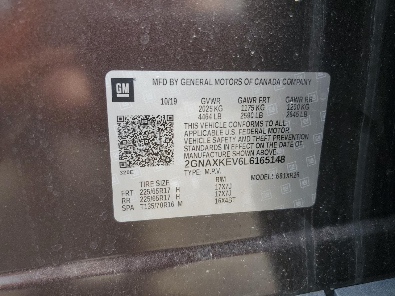 2GNAXKEV6L6165148 2020 Chevrolet Equinox Lt