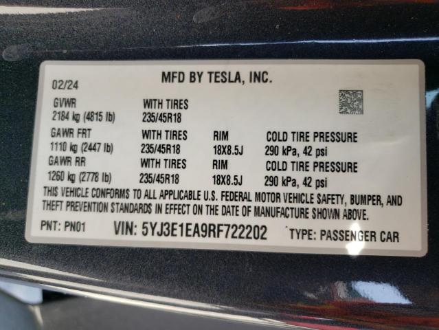 2024 Tesla Model 3 VIN: 5YJ3E1EA9RF722202 Lot: 58719314