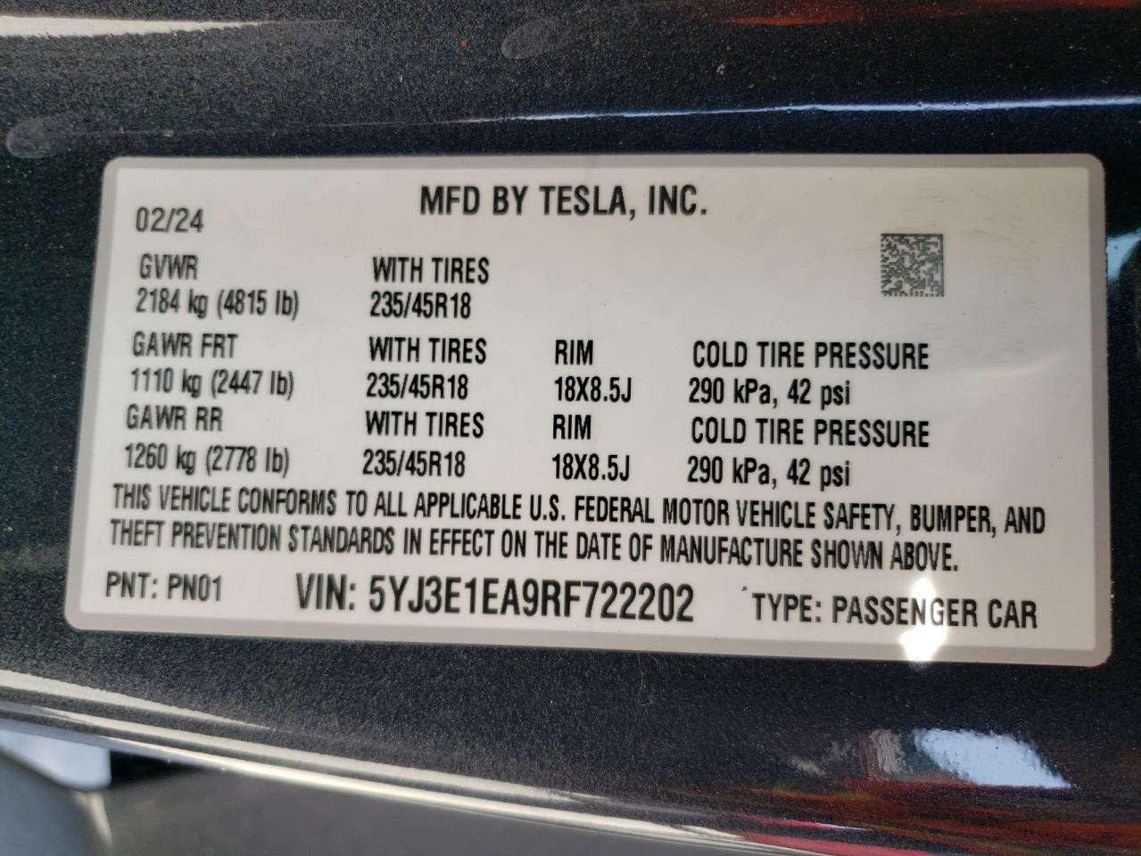 5YJ3E1EA9RF722202 2024 Tesla Model 3