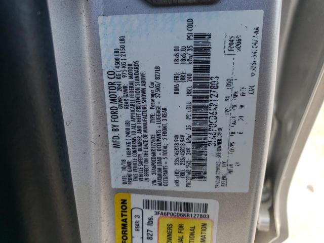 VIN 3FA6P0CD6KR127803 2019 Ford Fusion, Sel no.12