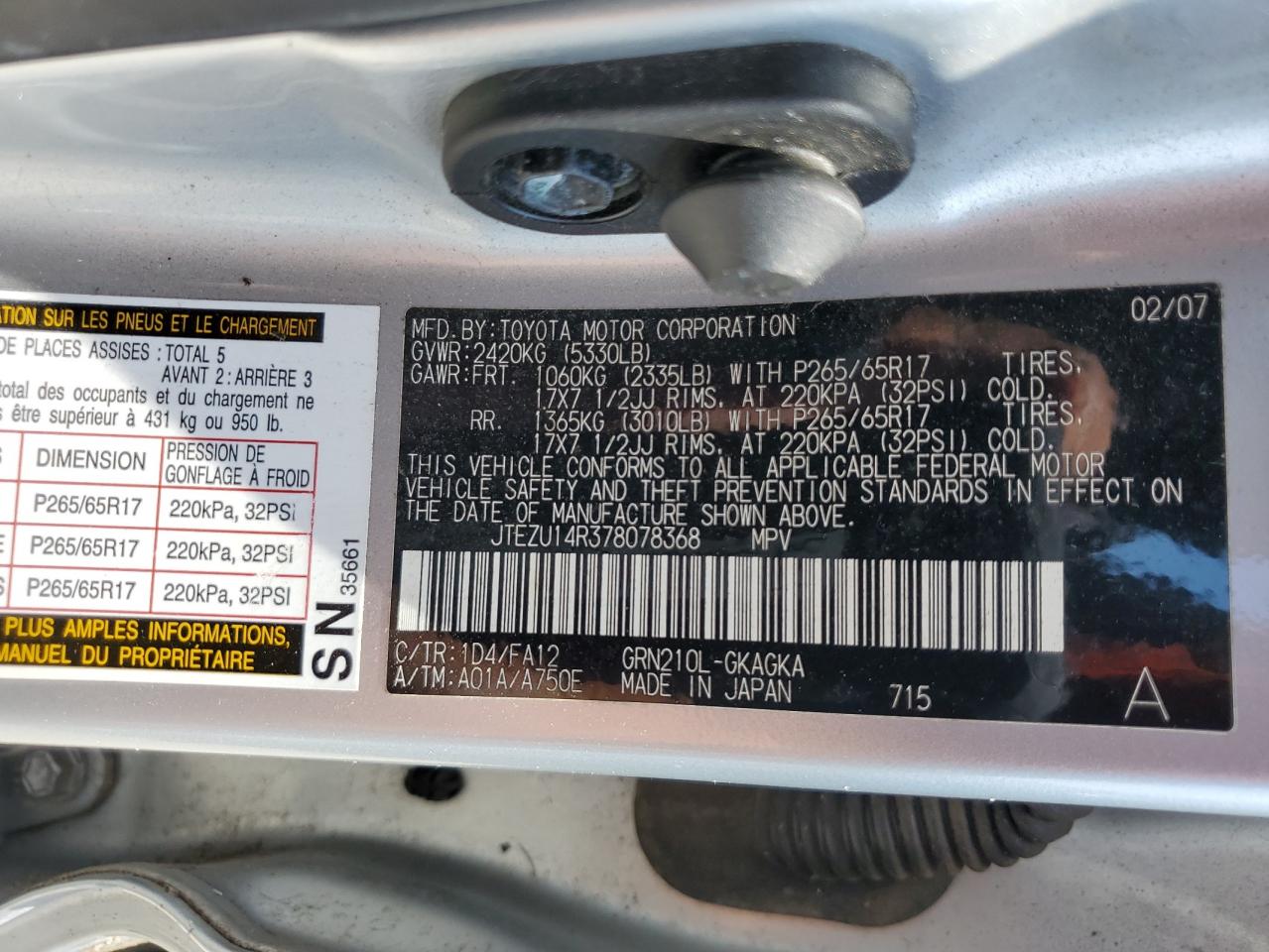 JTEZU14R378078368 2007 Toyota 4Runner Sr5