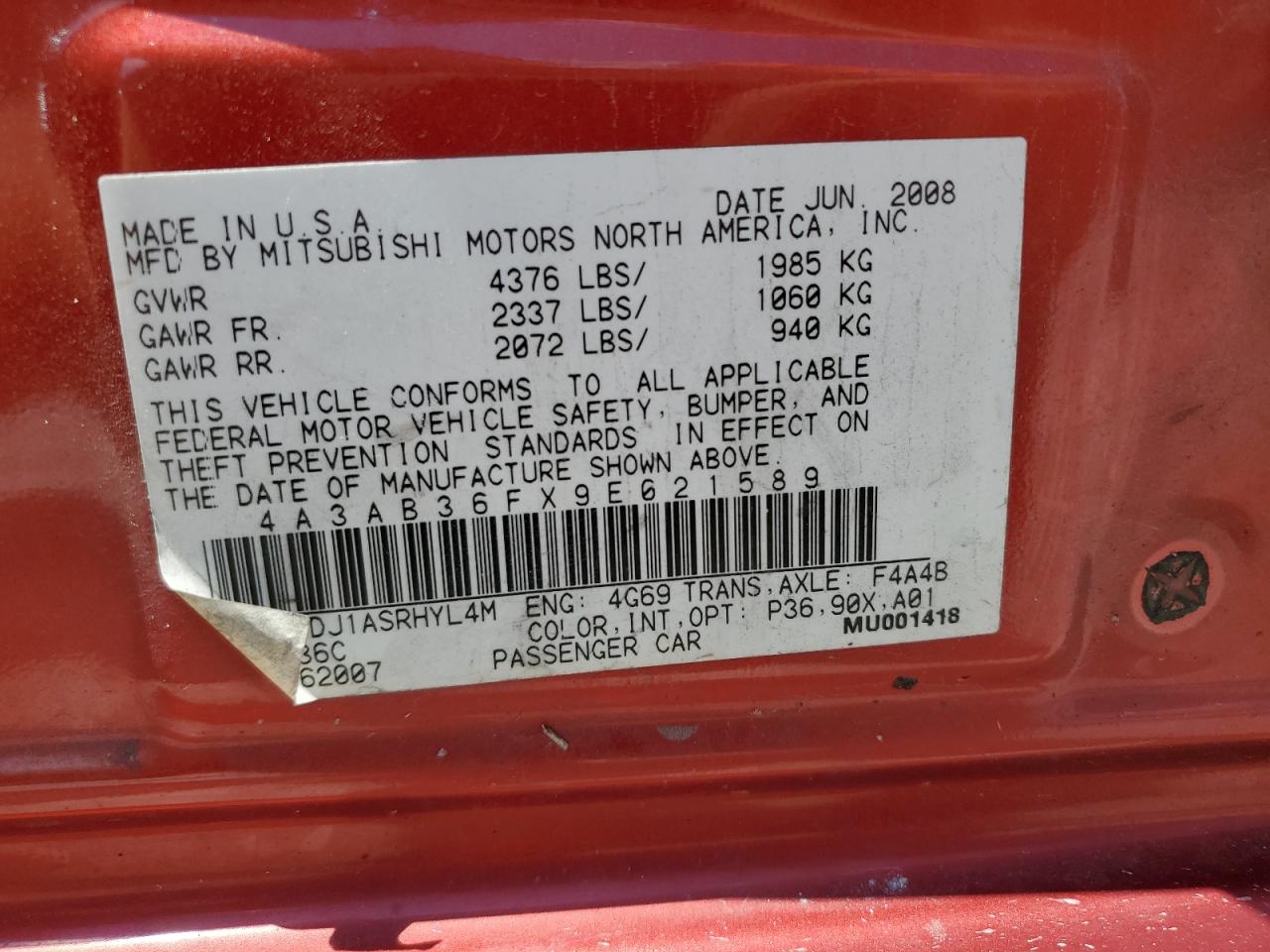 4A3AB36FX9E021589 2009 Mitsubishi Galant Es