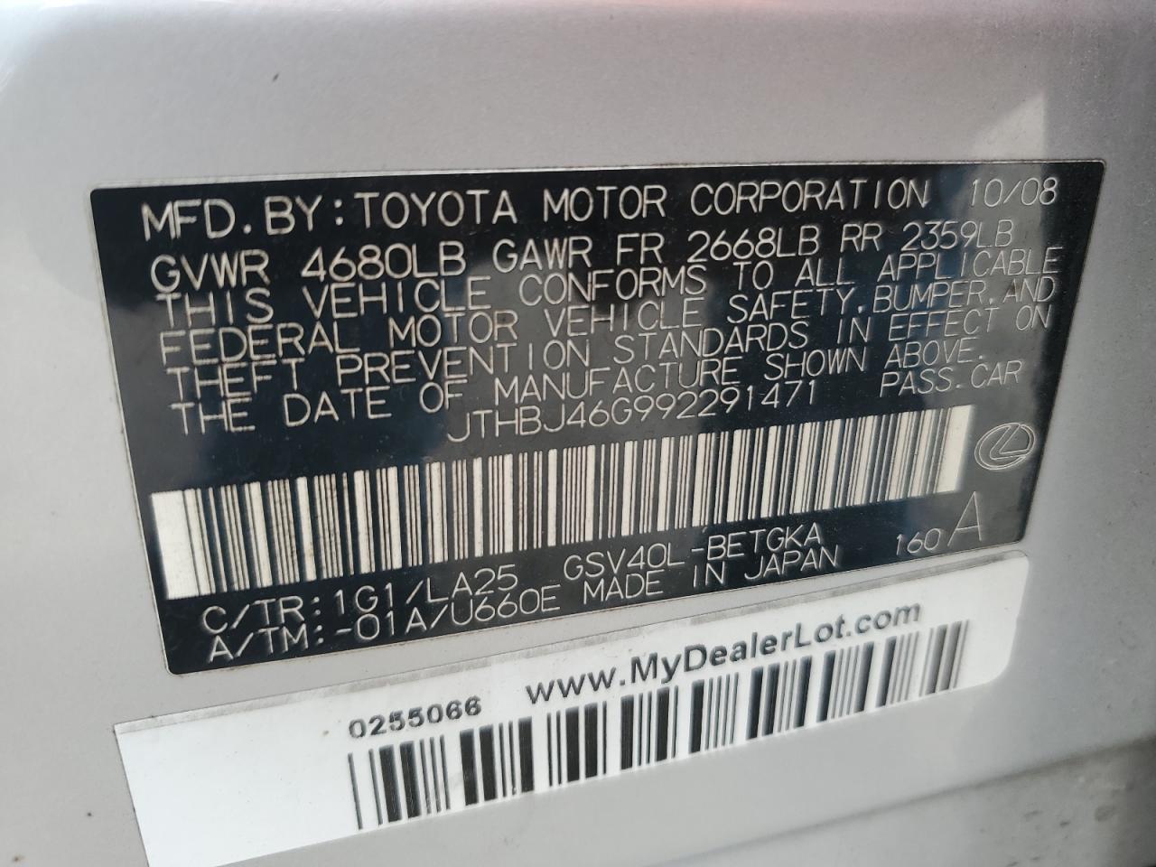 JTHBJ46G992291471 2009 Lexus Es 350