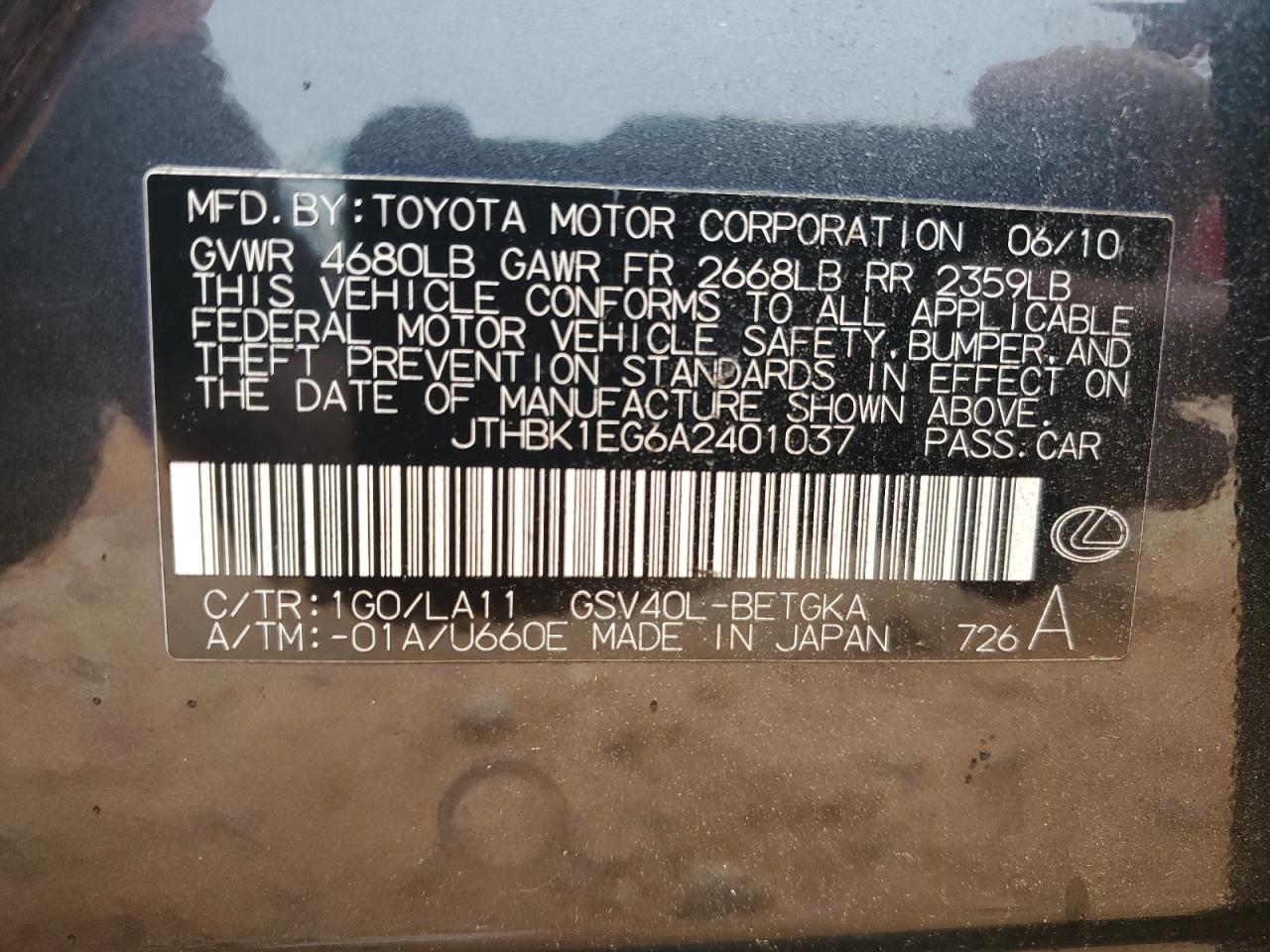 JTHBK1EG6A2401037 2010 Lexus Es 350