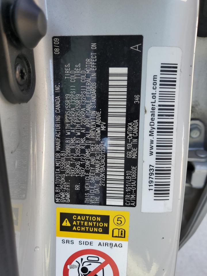 2T2ZK1BA3AC012921 2010 Lexus Rx 350