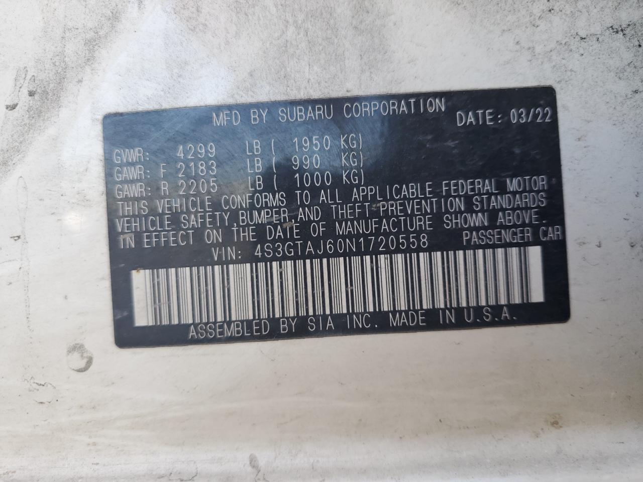 4S3GTAJ60N1720558 2022 Subaru Impreza Sport