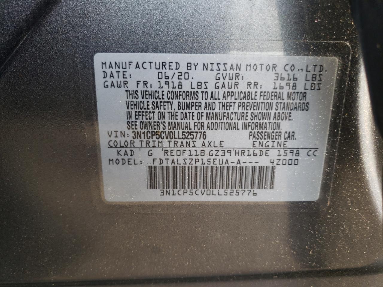 3N1CP5CV0LL525776 2020 Nissan Kicks Sv