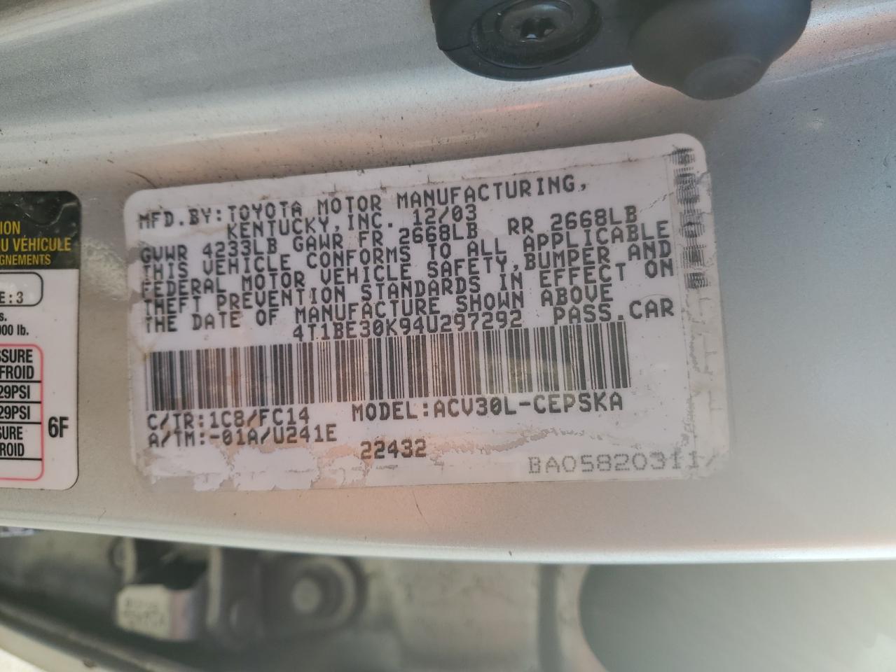 4T1BE30K94U297292 2004 Toyota Camry Le