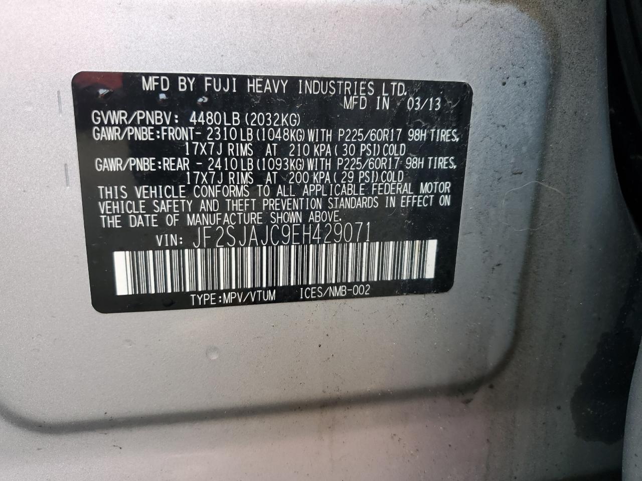 JF2SJAJC9EH429071 2014 Subaru Forester 2.5I Limited