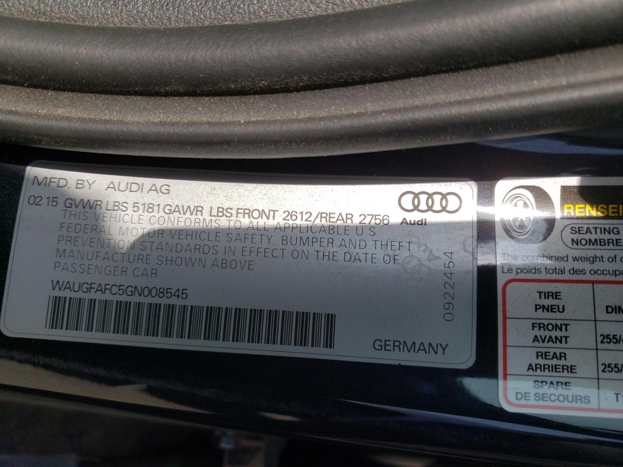 WAUGFAFC5GN008545 2016 Audi A6 Premium Plus