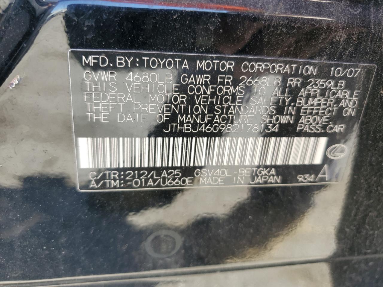 JTHBJ46G982178134 2008 Lexus Es 350