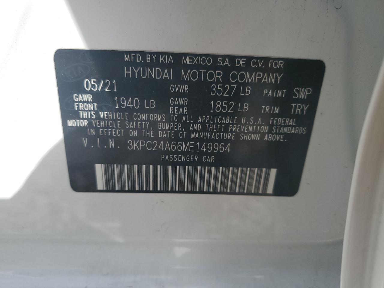 3KPC24A66ME149964 2021 Hyundai Accent Se